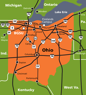 Map showing major highways near BGSU.