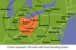 Map showing location of BGSU compared to major cities.